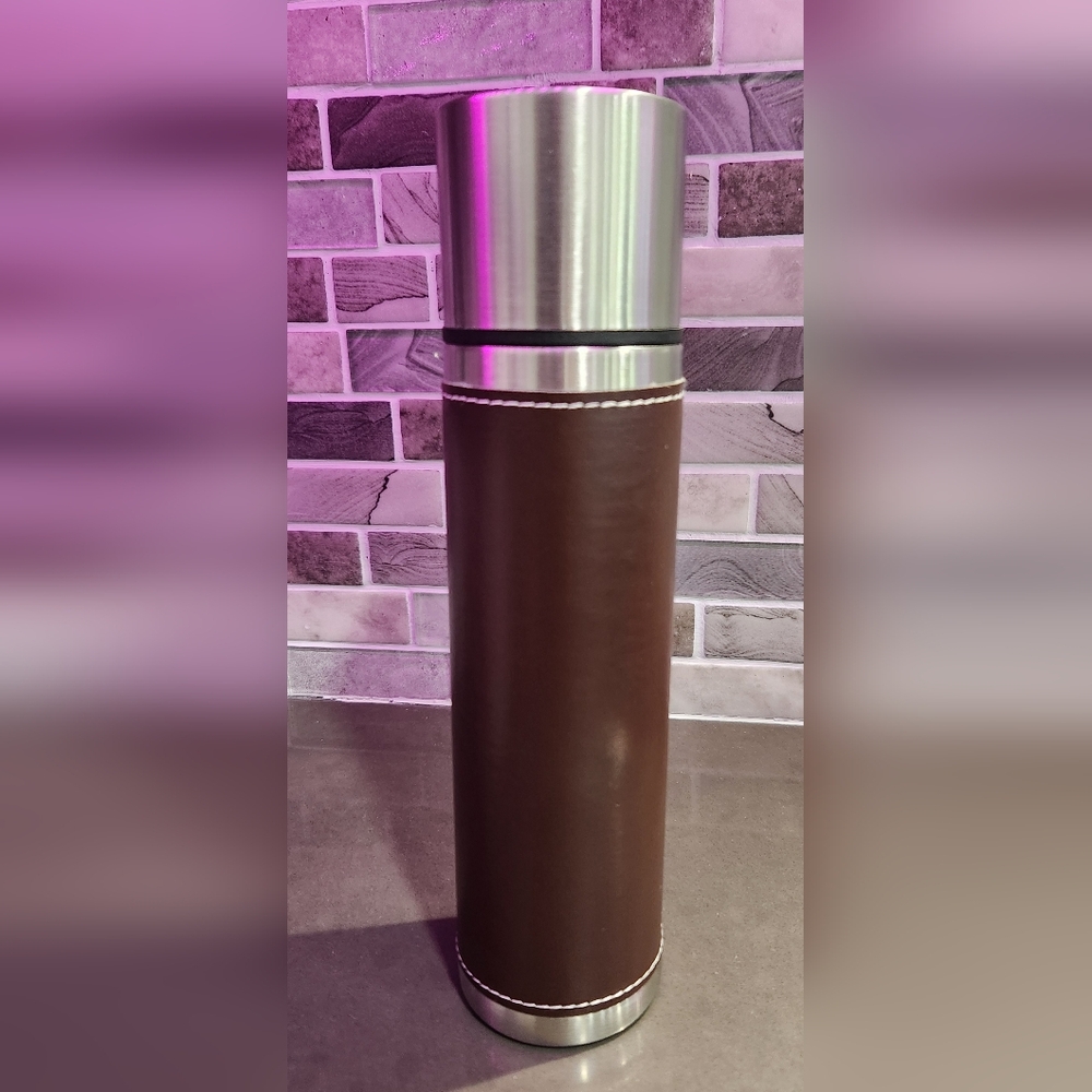 Elegant Stainless Steel Thremos With Faux Leather Wrap Around. NWOT